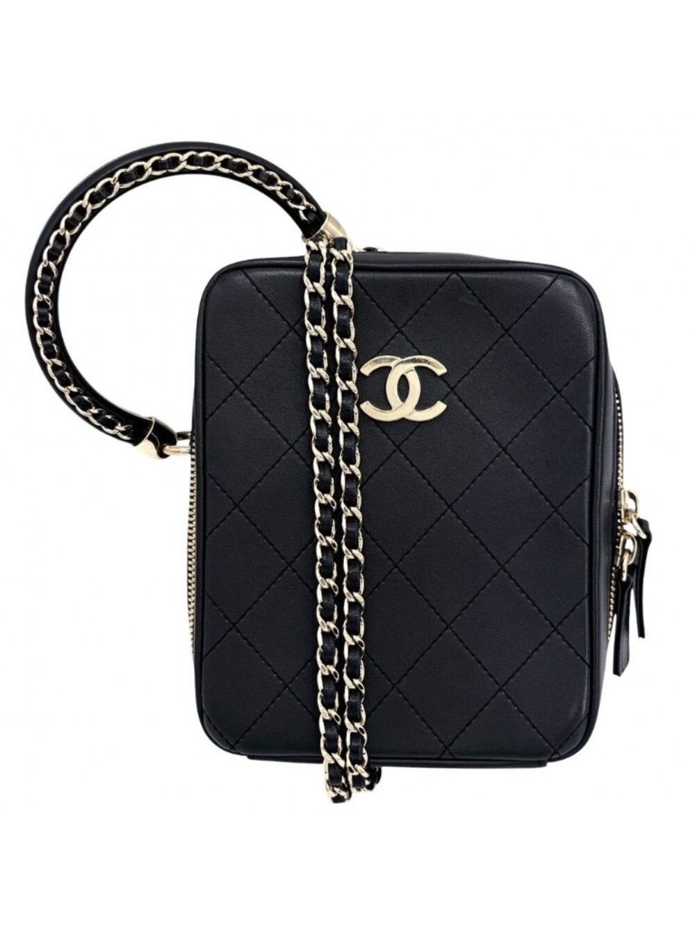 Chanel Shoulder Bag Pochette CC Logo 2-Way Crossbody Quilted Leather Black Gold